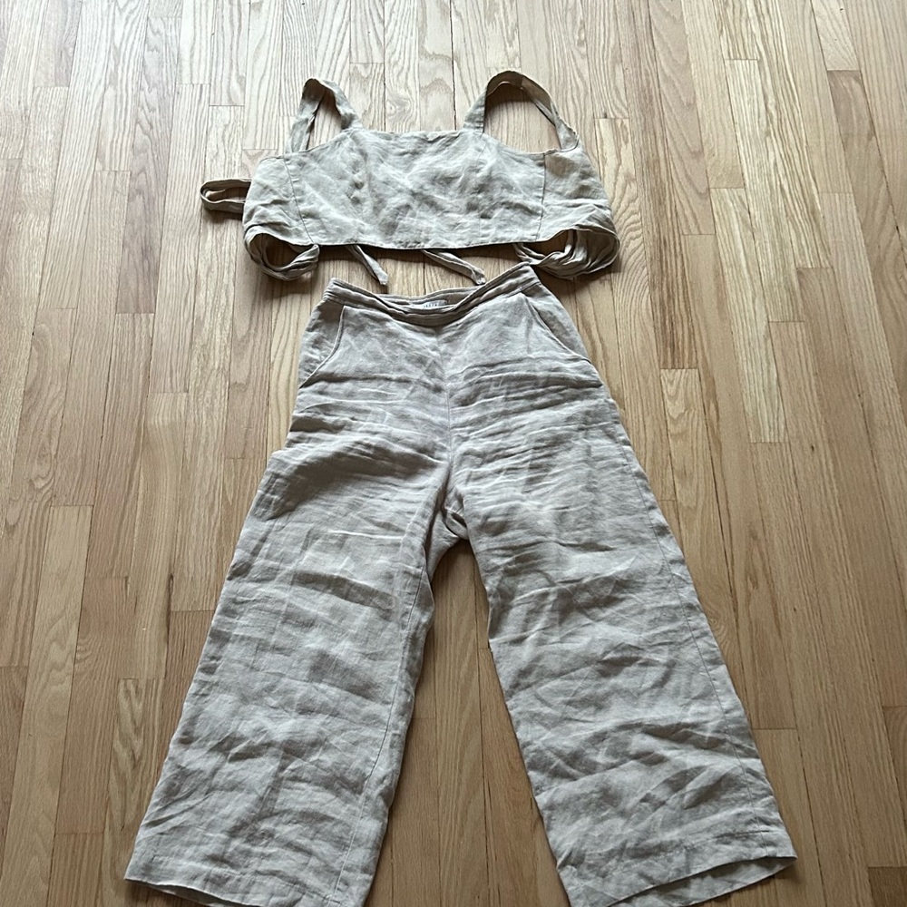 VETTA Linen Wide-Leg Pants and Crop Top Set - Beige